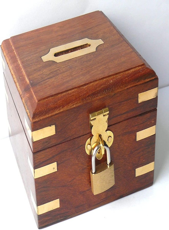 GURU JEE Handmade Indian Wooden Piggy Bank Decoration Unique Keepsake Small Square Piggy Money Saving Bank Gifts for Kids and Adults (Design 2) - Image 1